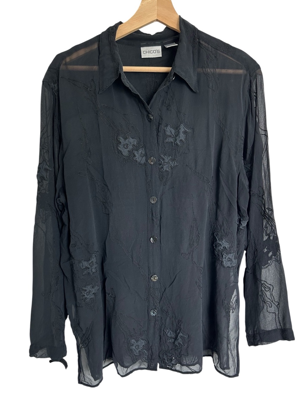 Chico's Sheer Black Embroidered Button-Up Top 100% Silk Plus Size 2/L Witchy